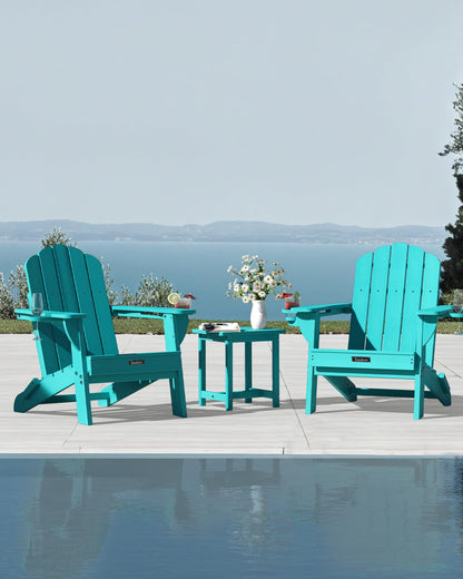 Eesdom Folding Adirondack Chair, HDPE Adirondack Chair with 2 Cup Holders, Pre-Assembled Outdoor Fire Pit Chairs for Patio, Garden, Poolside, Lakeblue
