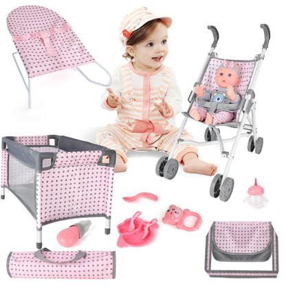 deAO Baby Doll Stroller Crib Bed Nursery Role Play Set Baby Doll with Accessories and Play Mat,Travel Cot,Bouncer,Foldable Stroller and Travel Bag Gifts for Toddlers Girls Boys