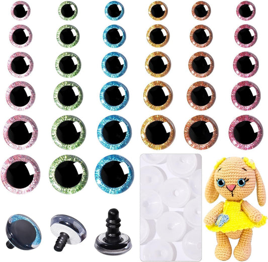 MUCUNNIA 180 Pcs 3D Glitter Safety Eyes for Amigurumi with Washers 12-30mm Trapezoid Safety Eyes for Crochet Animals Doll Eyes for Crocheting Stuffed Animal Eyes for DIY Christmas Decoration(6 Colors)