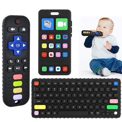 GUIGUZHJ Teether Toys, Teething Relief Teethers Toys for Babies 3-6 12 Months, Play Phone Remote Control Keyboard Toy for Newborn Infant Boy Girl Autism Essentials, Food Grade Silicone Sensory Toy