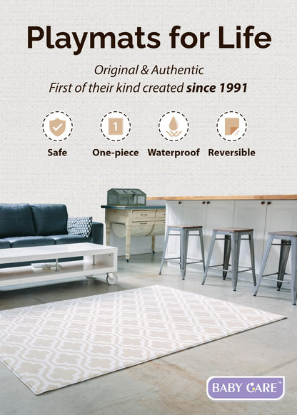 Baby Care Play Mat (Large, Moroccan - Beige) 82'' x 55'' Original One-Piece Reversible Rollable Waterproof Baby Mat, Floor Cushion for Babies 6-12 Months, Infants, Toddlers, and Kids