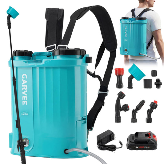 4.23 Gallon Battery Powered Backpack Sprayer, 0-65 PSI Adjustable Pressure, Electric Sprayer with 5 Nozzles and 1 Wands, 18V 2Ah Battery, Wide Mouth Lid for Weeding, Spraying