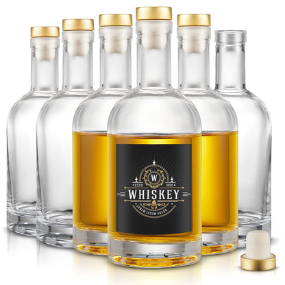 Mfacoy Set of 6 Glass Bottles, 12 oz Clear Liquor Bottles, Heavy Base Glass Bottle with T-Top Cap, Vodka Bottle for Wine Beverages Drinks Oil Vinegar Kombucha Beer with Cork Stopper Airtight Lid
