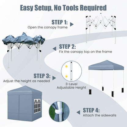 Tangkula 6.5x6.5 FT Pop Up Canopy, UPF50+ Outdoor Canopy Tent with 2 Removable Sidewalls, 2 Zippered Doors, Heavy-Duty Carbon Steel Frame, Wheeled Bag, 4 Sandbags, 8 Stakes, 4 Wind Ropes (Gray)
