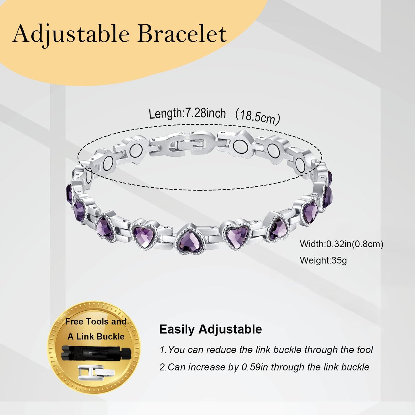 UtenoTureH Magnetic Bracelets for Women, Stainless Steel Bracelet with Heart-Shaped Zircon, Magnetic Jewelry Present (Purple)
