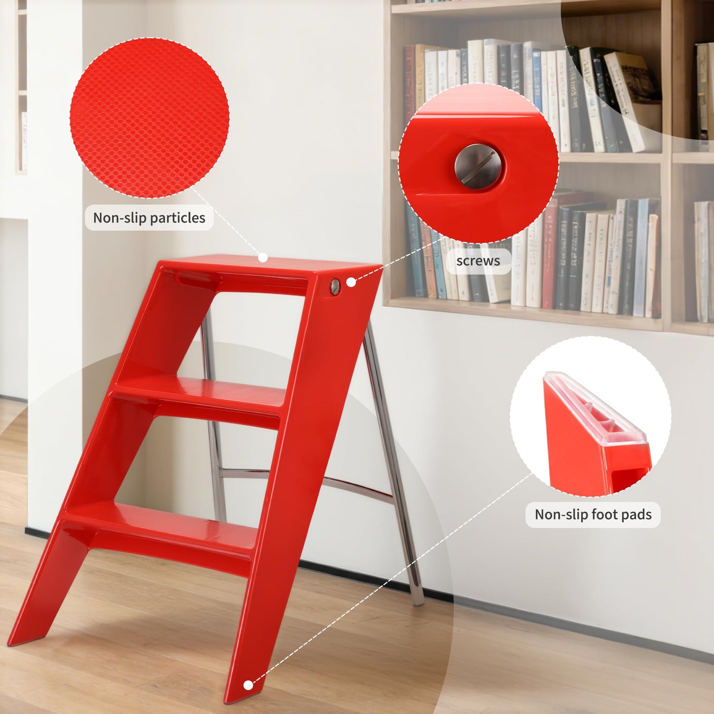 HOTEAGLE Modern Folding Chair - Multifunctional Design Doubles as Step Stool & Storage Shelf, Sturdy Engineering Plastic for Kitchen, Dining & Bistro,Red