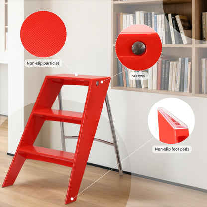 HOTEAGLE Modern Folding Chair - Multifunctional Design Doubles as Step Stool & Storage Shelf, Sturdy Engineering Plastic for Kitchen, Dining & Bistro,Red