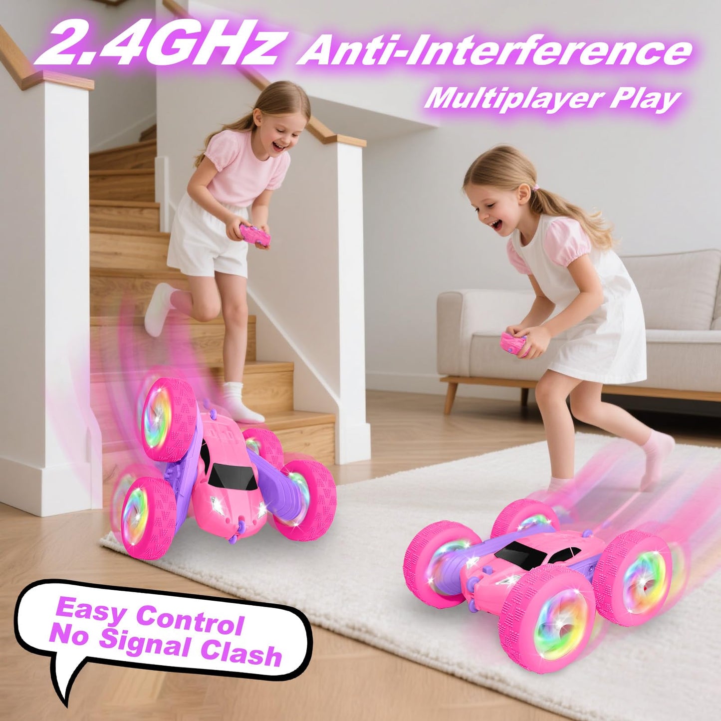 FDCTR Remote Control Car, RC Cars for Girls, 2.4 GHz Double Sided RC Crawler with Upgraded USB-C Modular Battery, 360°Rotating Car Toys for 6 7 8 9 10 11 12 Year Old Girl Birthday Gift Pink-Purple