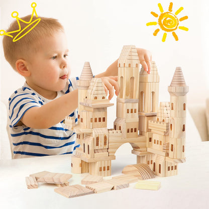 Garlictoys 75 Pieces Wooden Castle Blocks Medieval Knights Princesses Wooden Castle Building Blocks Kit for Kids Boys and Girls