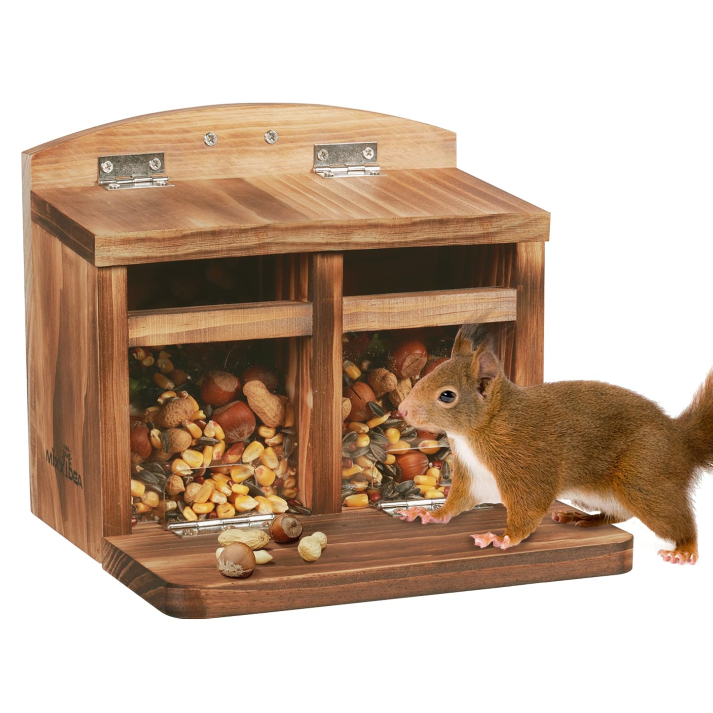 MIXXIDEA Large Squirrel Feeder House, Wooden Squirrel Feeders for Outside, Chipmunk Feeder Made of Thick Wood, No Assembly Required (Brown)