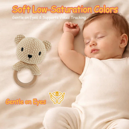 JUSTQUNSEEN Teddy Bear Baby Rattle Toy Hand Crochet Knitted Plush Stuffed Animal Teether Natural Wood Ring Cute Bear 6 Month Baby Gift Gentle Sound Shaker Newborn Infant Crib Soothing Sleep Aid Gift