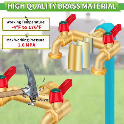 Boltigen 3 Way Water Hose Valve Splitter, Brass High Flow Garden Hose Faucet, 3/4 NPT Inlet to 3/4 GHT Outlet Garden Hose Manifold, Three Way Water Outdoor Splitter with Shut Off, Gold