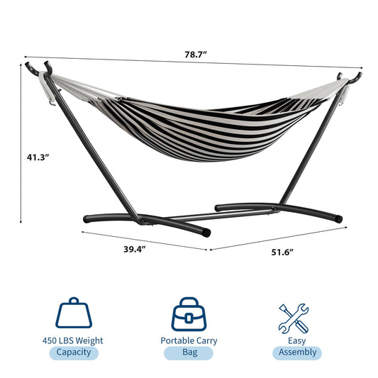 GarveeLife Double 2 Person Hammock, Indoor Outdoor Standing Hammock with Space Saving Steel Stand, Carry Bag, 450 LBS Weight Capacity, Suitable for Garden Camping Beach, Black