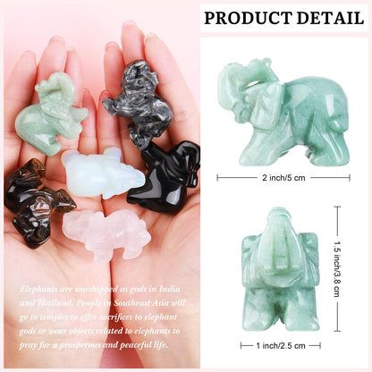 6 Pieces Rose Quartz Elephant Healing Crystal Stones Opalite Green Aventurine Labradorite Tiger's Eye Black Obsidian Elephant Pocket Statue Kitchen Guardian Healing Figurine Decor for Home, 1.5 Inch