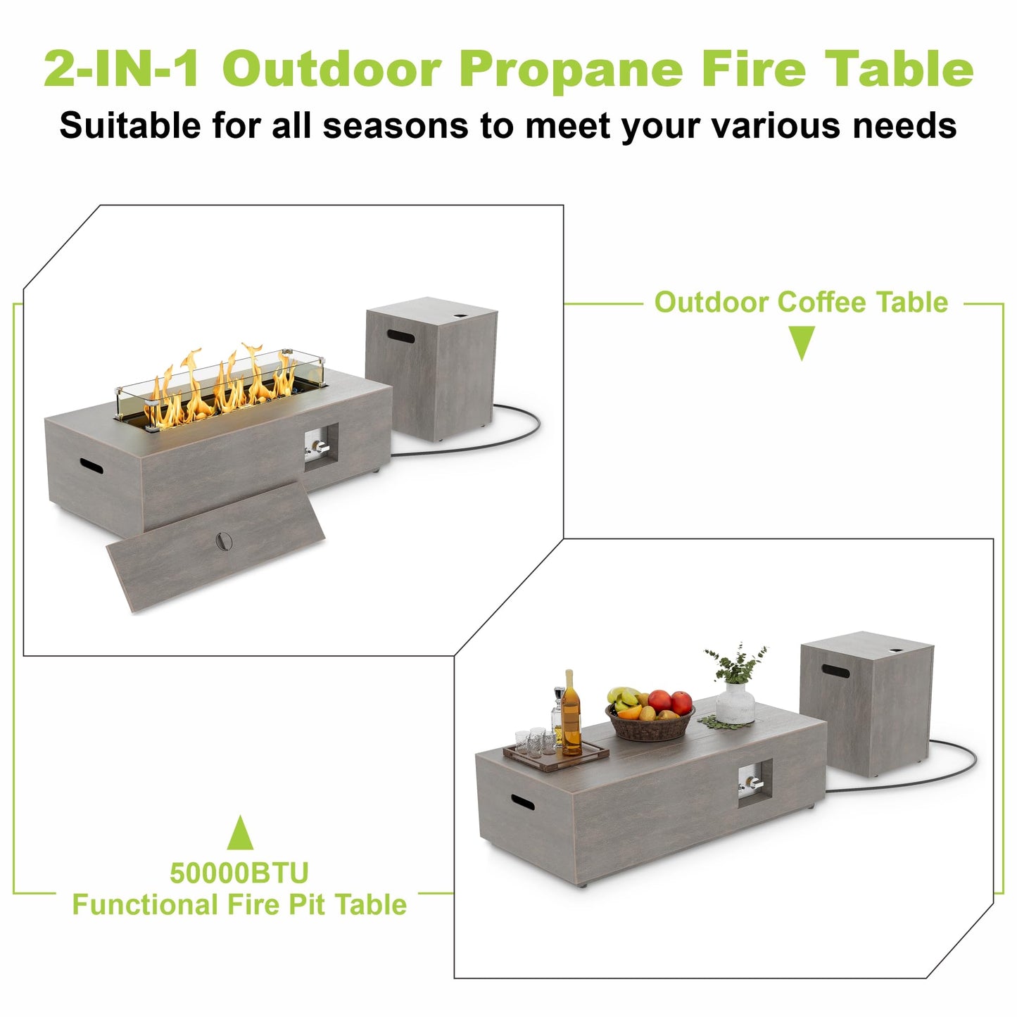 SUNPEAK 42" Rectangular Propane Fire Pit – 50,000 BTU Fire Table with Wind Guard Glass, Lid, Rocks and Cover – Backyard Fire Pits Outdoor – Propane Gas Fireplace for Deck or Patio (Grey, 42" Standard)