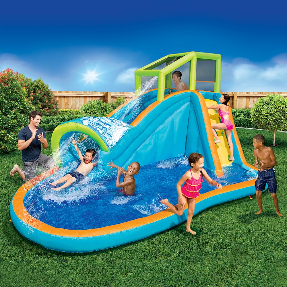 Inflatable Water Slide – Huge 14ft x 8ft Kids Pool with Built-in Sprinkler Wave & Water Wall – Heavy Duty Outdoor Pipeline Adventure Park – Blower Included