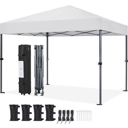 Yaheetech 10x10 1-Person Setup Pop Up Canopy Tent, Instant Portable Commercial Canopy Tent, Outdoor Gazebo with 1-Button Push, Wheeled Bag & 4 Sandbags for Home, Party & Outdoor, Silver-Coated White
