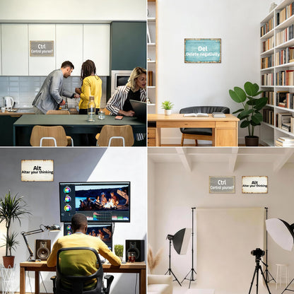 Motivational Office Decor Metal Tin Signs - Computer Keyboard Theme, Control/Alt/Delete Inspired Tin Wall Art with Positive Quotes for Home Office, Desk & Workspace Decoration, 3-Pack, 12x8 inch