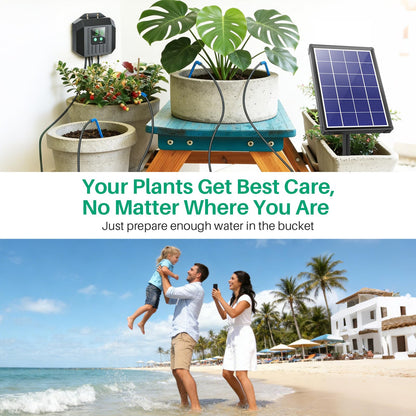 NFESOLAR 4W Solar Powered Automatic Drip Irrigation Kit with LCD Timer, Customizable Watering Duration 1–30min & Interval 3h–7d, Solar Irrigation System for 15 Potted Plants, Garden, Patio, Vacation