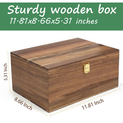 LuckyZoo77 Wooden Keepsake Box with Hinged Lid, Solid Acacia Wood Storage Box with Golden Latch, Large Memory Treasure Box for Photos, Jewelry, Letters & Gifts, 11.8” x 8.66” x 5.31”