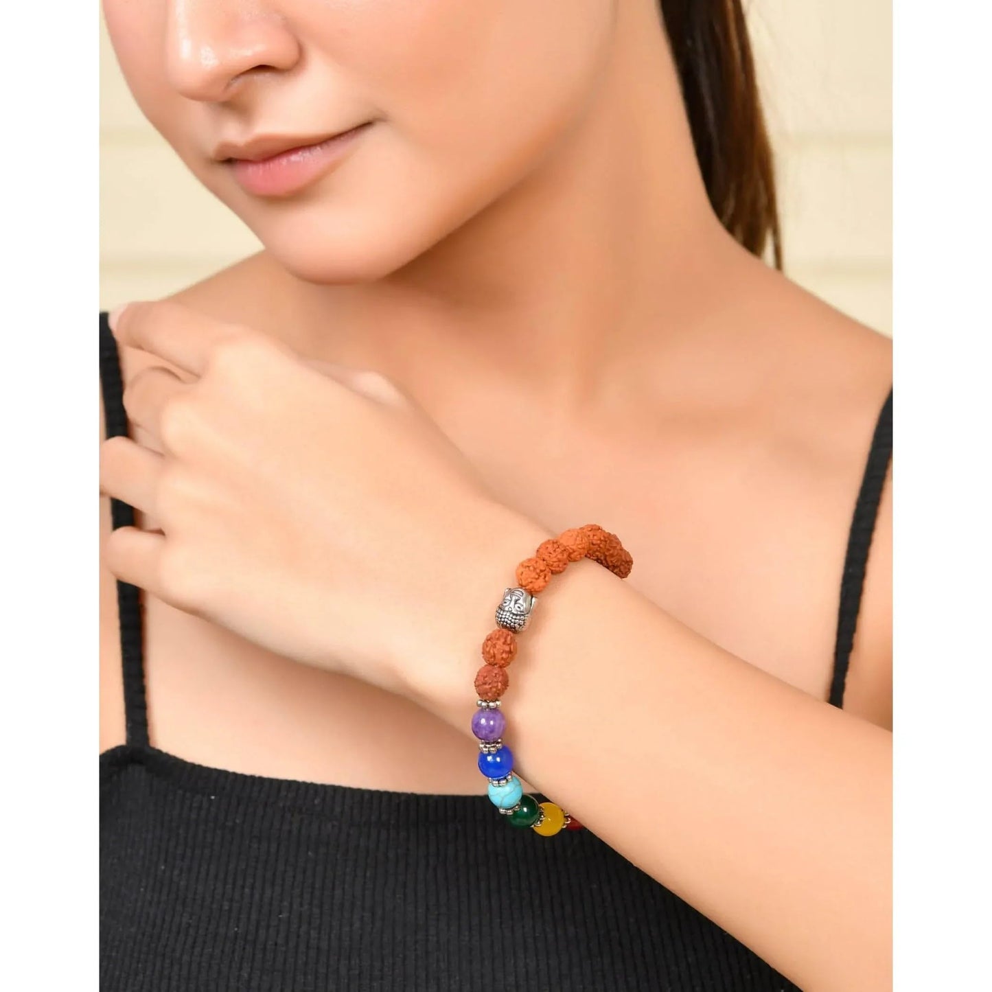 LOVENSPIRE 7 Chakra Rudraksha Bracelet with Buddha Head Natural Crystal Healing Stone Beaded Stretch Bracelet for Yoga Meditation Prayer Jewelry Gift for Men Women