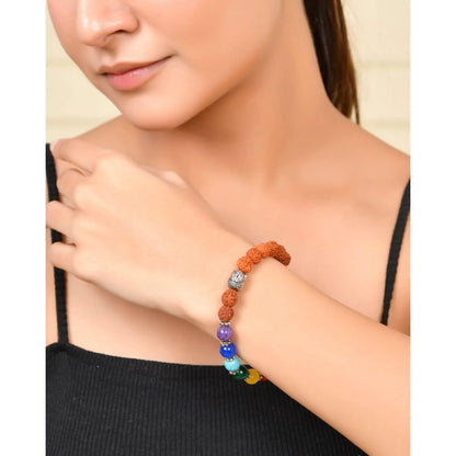 LOVENSPIRE 7 Chakra Rudraksha Bracelet with Buddha Head Natural Crystal Healing Stone Beaded Stretch Bracelet for Yoga Meditation Prayer Jewelry Gift for Men Women