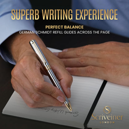 Scriveiner Silver Chrome Ballpoint Pen - Stunning Luxury Pen, Real Gold Plating, Schmidt Black Refill, Best Ball Pen Gift Set for Men & Women, Professional, Executive, Office, Nice, Fancy Pens