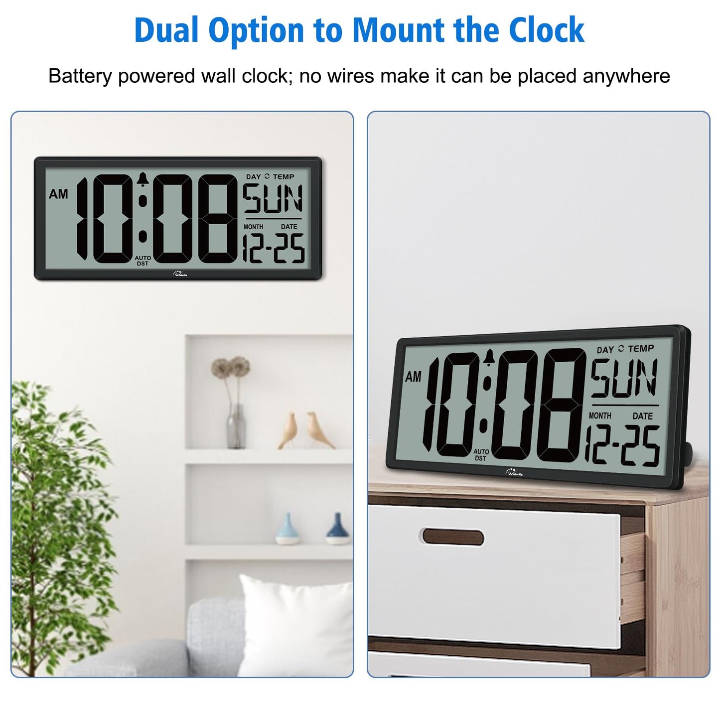 WallarGe Backlight Digital Wall Clock Battery Operated - with Temperature and Date 14.5'' Large Digital Wall Clock, Easy to Read and Set, Auto DST