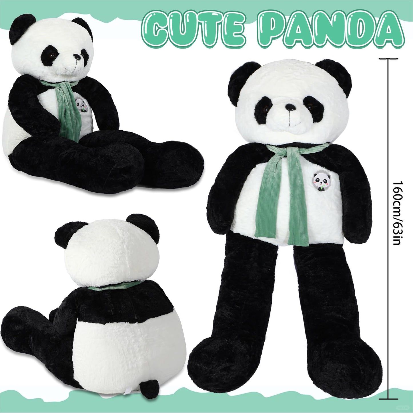 RoundFunny 63 Inch Tall Giant Plush Panda Bear Giant Stuffed Animal Large Panda Plushie with Green Scarf Big Soft Plush Bear Toy for Christmas Boys Girls Girlfriend Wife Gift