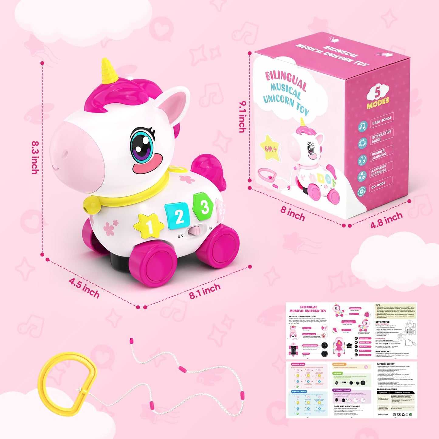 Bilingual Musical Crawling Toy for 1 Year Old Girl Gifts,Musical Unicorn Toys for Baby 6-12 Months,Baby Toys 6-12-18 Months,Toddler Educational Toy,Birthday Gifts with Music Light,Baby