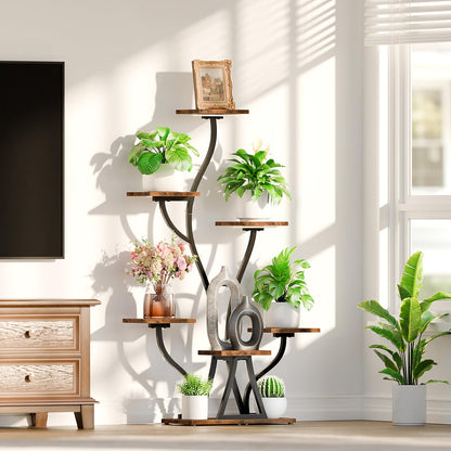 Plant Stand Indoor with Grow Lights, 7 Tiered Indoor Plant Shelf, Corner Plant Stands for Indoor Plants, Metal Plant Shelf Flower Display, Seaweed-Shaped Plant Rack for Living Room, Patio, Black