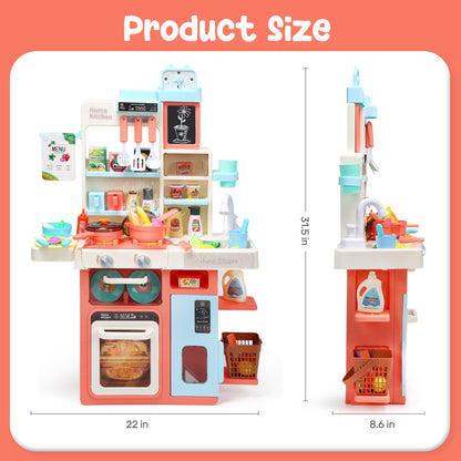 HOLYFUN Kids Kitchen Playset, Kitchen Set for Toddler with Sound and Light, Cooking Stove with Steam, Play Sink and Toy Kitchen Accessories, Pretend Kitchen Toys for Kids Girls Boys, Pink