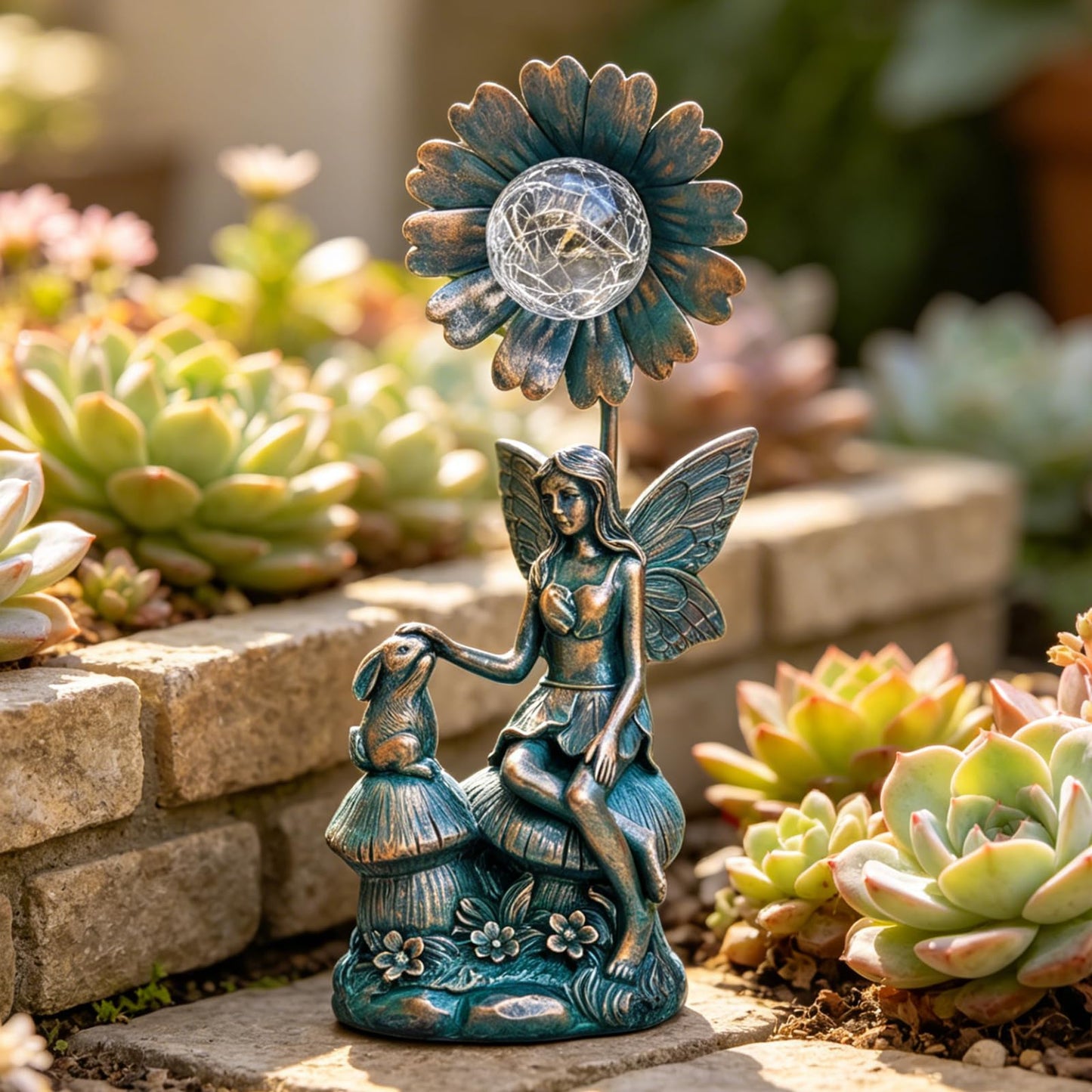 LIFESEEK Garden Solar Fairy Statue - Mushroom Seat, Touching Rabbit, Iron Flower Glass Ball, Whimsical Outdoor Ornament