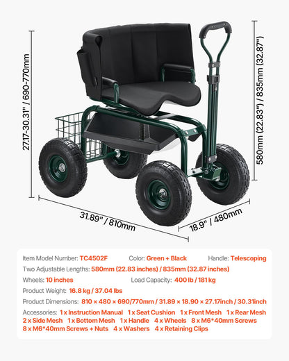 VEVOR Garden Seat with Wheels, Rolling Garden Stool with Height Adjustable & 360° Swivel Seat, 400lbs Weight Capacity, Gardening Cart Bench, Ergonomic Backrest & Tool Storage, for Yard, Patio