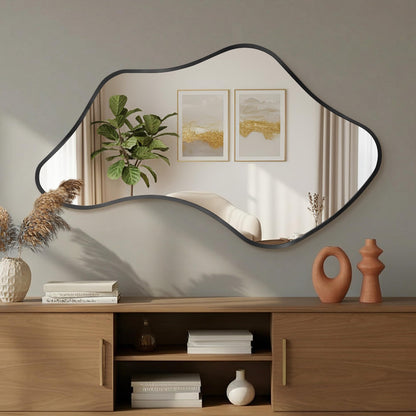 Fahomiss Asymmetrical Wall Mirror, Irregular Shaped Frameless Vanity Mirror, Modern Decorative Mirror for Entryway, Living Room, Bathroom (Black, 40" L x 24" W)