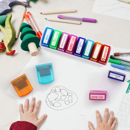 RELIANCER 8PCS Teacher Stamp Set,Colorful Self-Inking Motivational Classroom Stamper for Grading,Encouraging Rating Stamp Student,Parent Signature Stamps for Homework,School Homeschool Reward Supplies