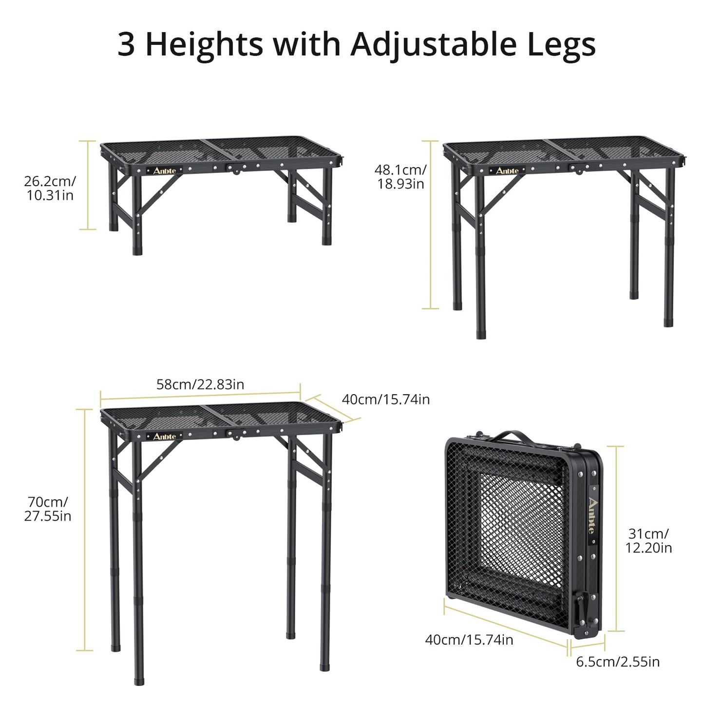 Anbte Folding Grill Table, Aluminum Camping Table Adjustable Height Max 27.5" Picnic Table Outdoor Table, Lightweight, Portable Handle for Travel Cooking BBQ Picnic, 22.8" x 16", Black
