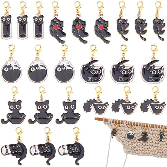 Hobbspring 24Pcs Stitch Markers for Crocheting and Knitting 8 Styles Black Cat Alloy Lobster Clasps Enamel Locking Charms Durable Craft for Knitting Earring Jewelry Making Accessories