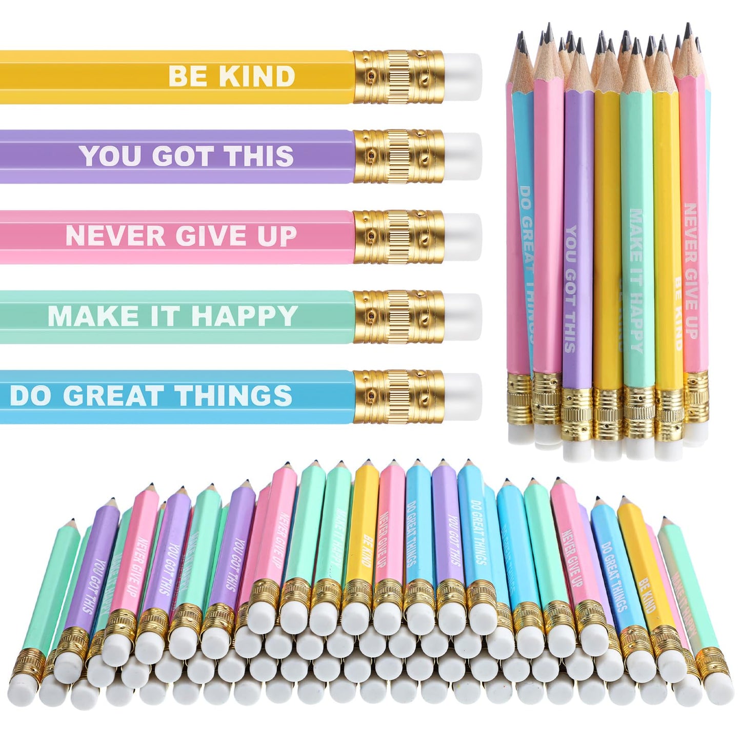 Jetec 100 Pcs Mini Pencils Bulk Inspirational Golf Wooden Half Pencils with Eraser and Motivational Sayings Back to School Gifts for Kids Student Teacher First Day of School(Candy Color)