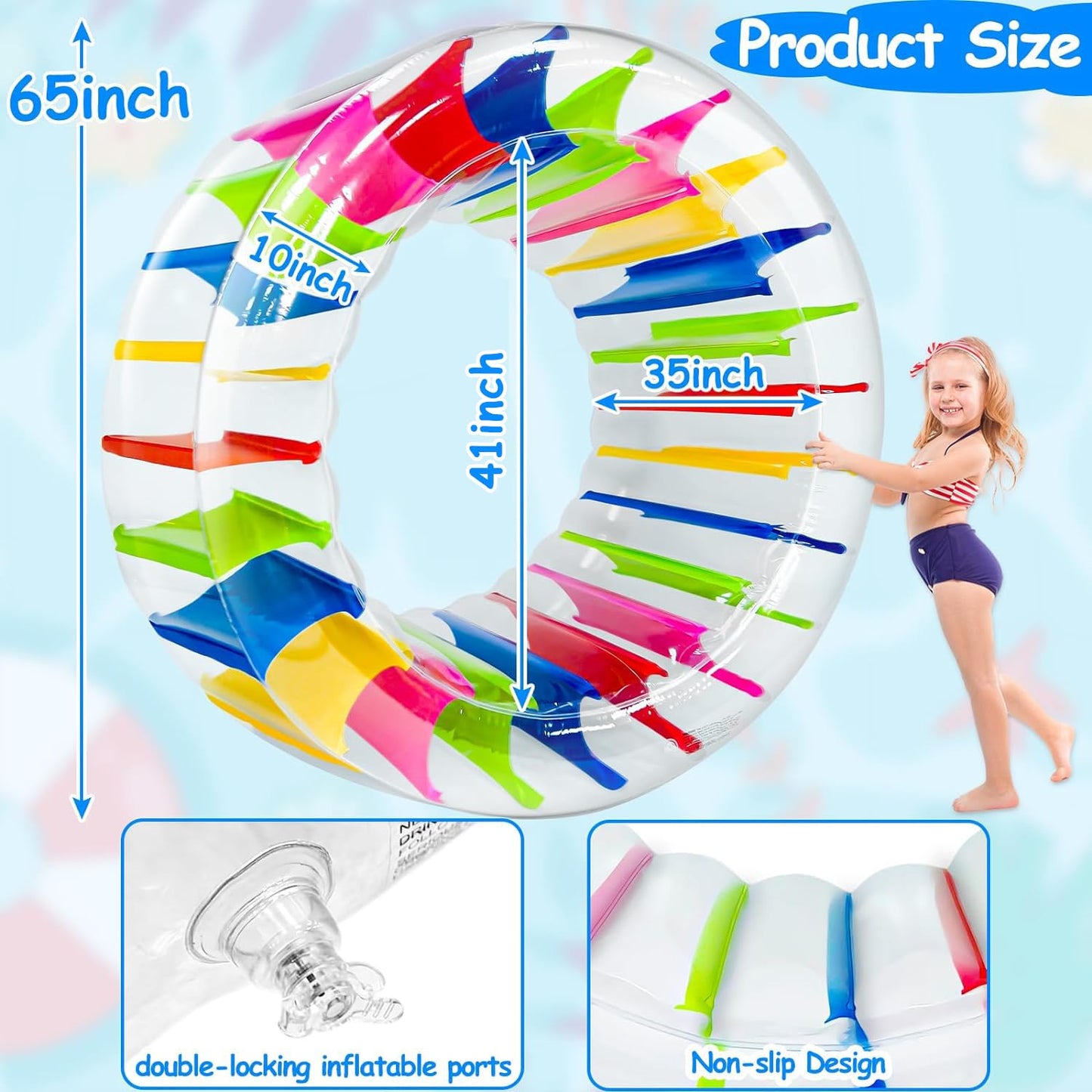 iGeeKid 65" Giant Inflatable Pool Toys Wheel Roller for Kids-Pool Floats Pool Games for Kids Age 6-8,8-12 Years Girls Boys Summer Party,Beach,Swimming Pool,Lake,Lawns Fun Water Rolling Wheel Toys