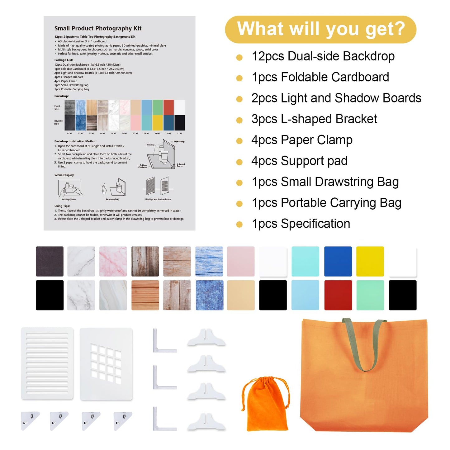 Meking 12Pcs 22Patterns Small Product Photography Backdrops Kit Photo Background Food Photography Backdrop Board with Carrying Bag and Drawstring Bag(16.5X11inch)