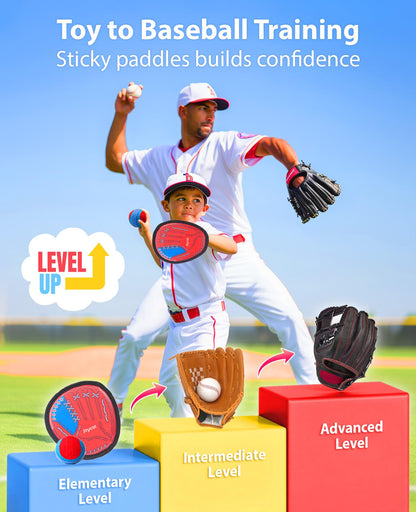 JoyCat Toss and Catch Ball Game for Kids, 2 Paddle Sticky Ball Set, Toddler Baseball Catch Toy, Outdoor Game for Beach, Yard & Camping, Sports Birthday Gifts for Boys Girls Ages 3-12