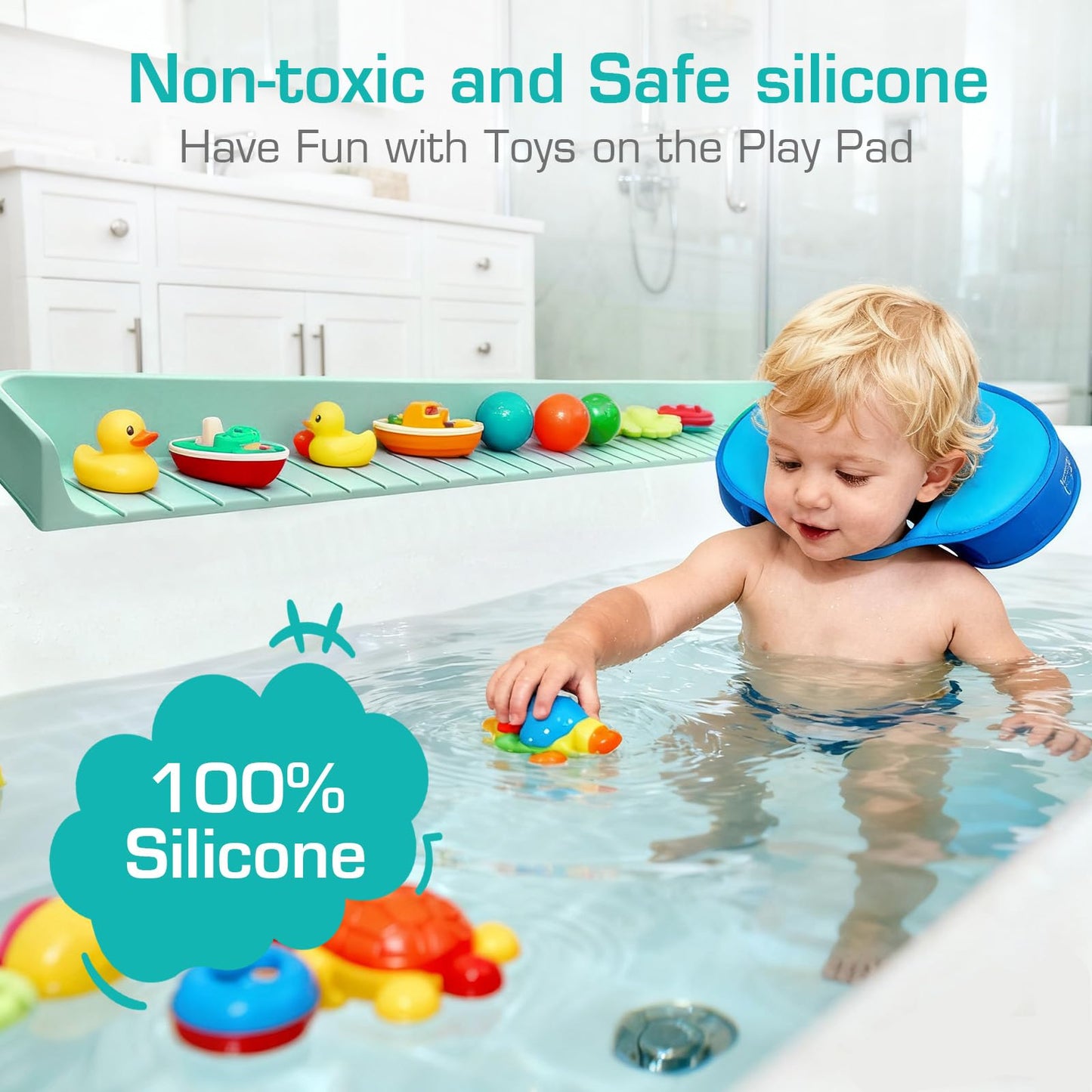 DubiLaka 31.5" Bathtub Splash Guard for Kids & Toddlers - Silicone Play Shelf & Toy Storage Tray with Strong Suction Cups to Prevent Water Spills, No-Leak Fun Bath Time - Tub Toy Holder Ledge,Green