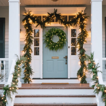 TOKCARE Norfolk Pine Wreaths for Front Door, 26Inch Real Touch Prelit Christmas Wreath with Lights 40 LED Green Faux Pine Wreath for Wall Windows Mantle Outdoor Christmas Decoration