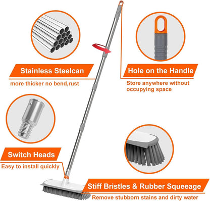 ITTAR 55" Extendable Floor Scrub Brush | 12" Wide 2-in-1 Scrub & Squeegee | Heavy-Duty Tile Scrubber Cleaner with Stiff Bristles for Shower Floor, Kitchen, Restaurant, Patio & Garage-Orange