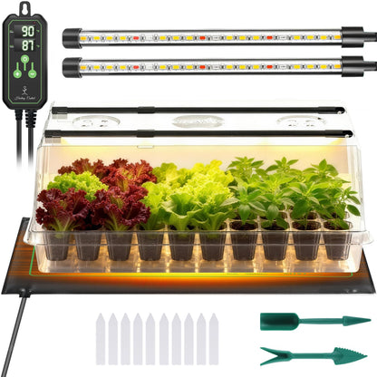 Adawook Large Seed Starter Tray with Grow Light and Thermostat Controller Heat Mat, 10"x 20.75" Heat Mats for Plant Growing，68-113°F Adjustable，Color Change Grow Lights，Germination Trays Kits