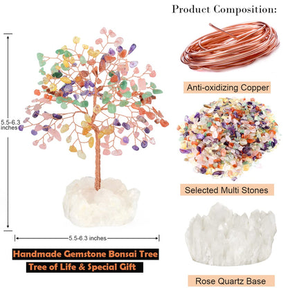 MASGEMES Gemstone Crystal Tree of Life,Quartz Cluster Base,Bonsai Money Tree Feng Shui Decor,Chakra Healing Crystals Positive Enegy-Good Luck Gift 5.5-6.3 Inches