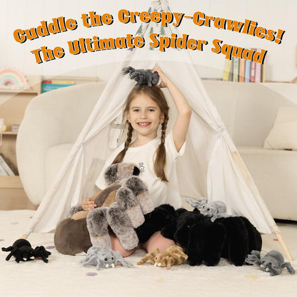 MorisMos 4Pcs Large Spider Plush, 16 Inch Mommy Spider Stuffed Animals with 3 Babies, Soft Cuddly Pillow Plush Gifts for Kids Boys Girls, Brown