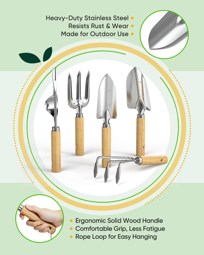 Grenebo Wood Wall Hooks Organizer Gardening Tool Set, 6-Piece Garden Tools with 5 Sturdy Wooden Hooks for Wall, Rust-Proof Outdoor Garden Tool Set, Gardening Gifts for Women, Coat Rack Wall Mount