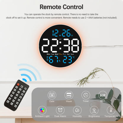 JoFomp 10" Large Digital Wall Clock with Remote Control, LED Display, Plug-in Digital Alarm Clock, Auto Brightness, DST, Temperature, Humidity, Applied to Classroom, Bedroom, Living Room, Office, Gym
